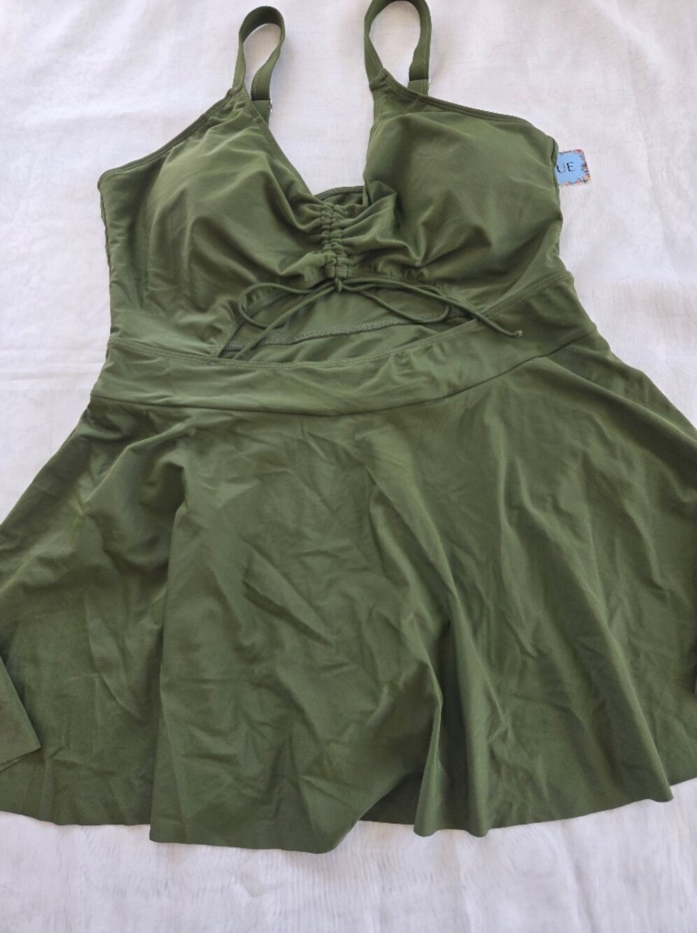 Olive Green Swim Dress with Adjustable Front Detail - Picture 1 of 7